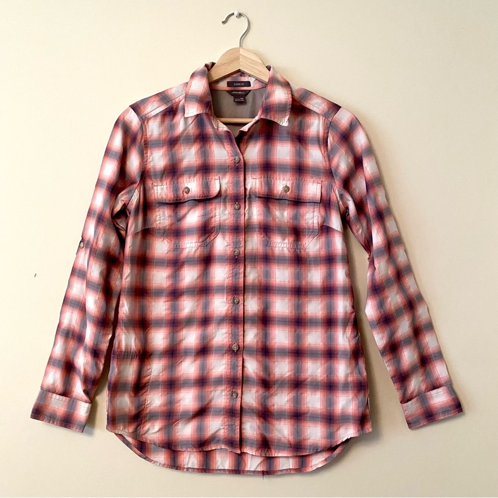 Eddie Bauer Classic Fit Plaid Roll Sleeve Hiking Fishing Shirt Womens XS
